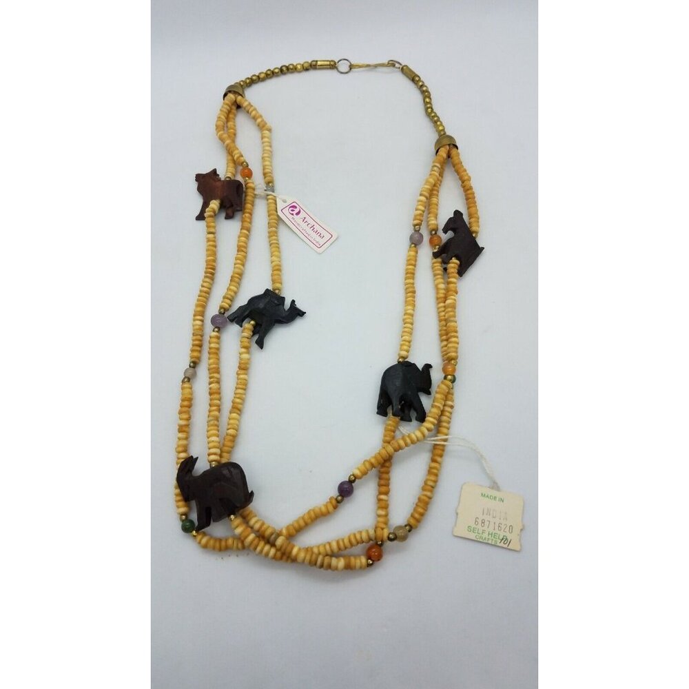 Handcrafted Indian Multi-Strand Beaded Necklace With Carved Wooden Animal Quartz